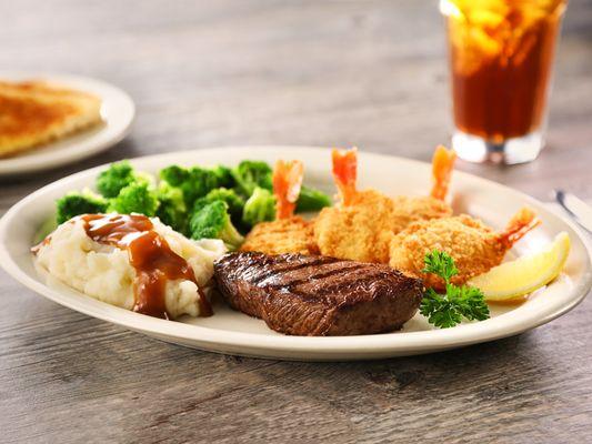 Steak & Fried Shrimp - 6 oz. classic top sirloin charbroiled to your liking, served with golden fried shrimp.