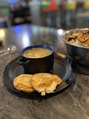 Chicken and rice soup and it was delicious as were the little bread slices.