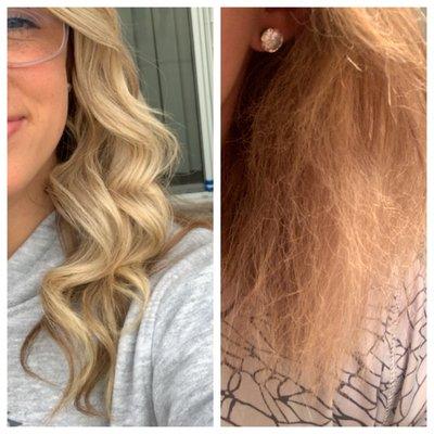 My long, healthy, blonde hair on the left. And on the right, the aftermath. The dead, broken, fried, odorous hair attached to my head.