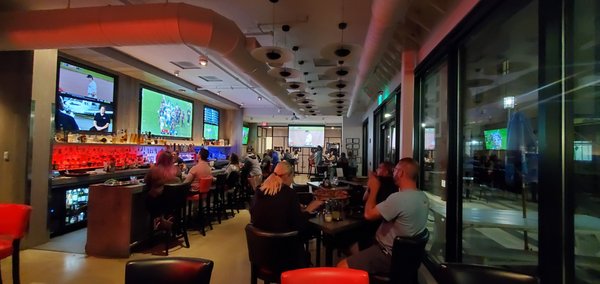 Big screens, great seating, convenient location, good food