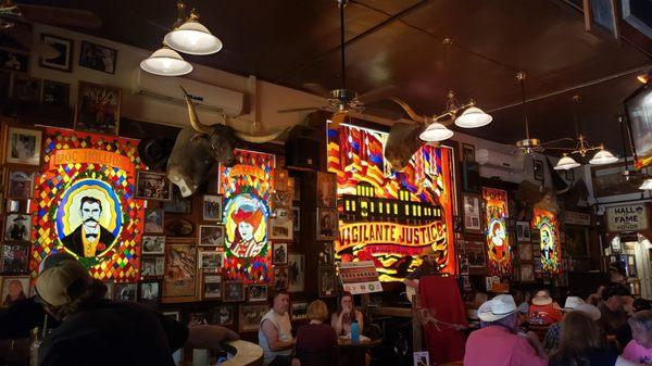 Inside dining area, view of stained glass