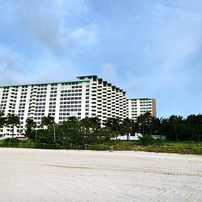 Triton Tower Miami Beach. Impressive Art Deco Geo cantilever balconies as seen from the beach. Image by Paul Szabo