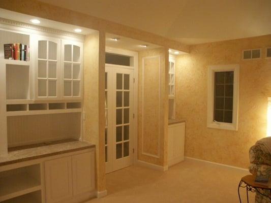 Master Bedroom Suite, Custom designed and buikt wall unit, french doors, plaster design faux finish, lighting