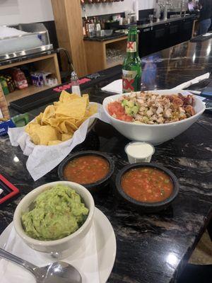 Guacamole, salsa, chips, cobb salad