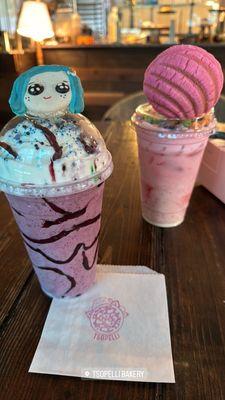 Coraline smoothie and strawberry fruit loop with concha top.