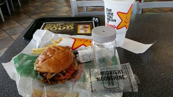 MIDNIGHT MOONSHINE BURGER large  combo with moonshine "mason jar" cup