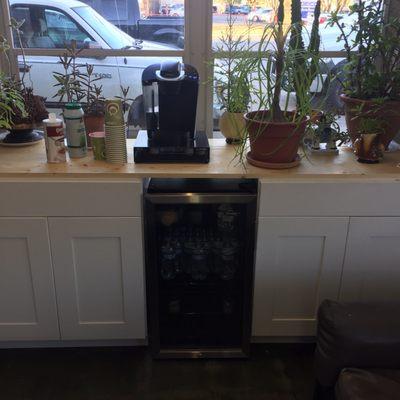 The beverage counter in the waiting room.