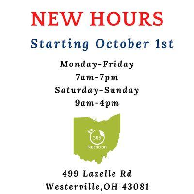 These are our hours starting October 2020