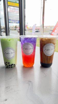 (L to R): Honeydew Milk Tea, Pacific Sunrise, Brown Sugar Milk Tea