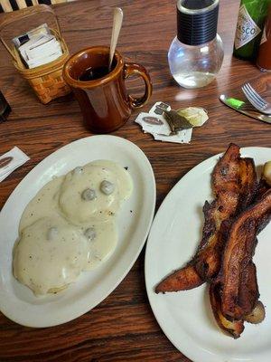 Biscuits and gravy, side of bacon