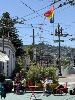 Plaza - rainbow flag & Sutro Tower in background