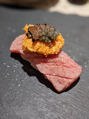 Wagyu A5 sushi topped with uni, truffle and caviar. I can die now.