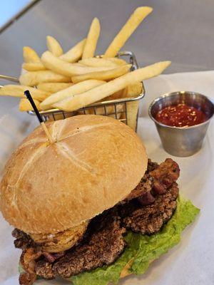 Surf and Turf Burger and fries.