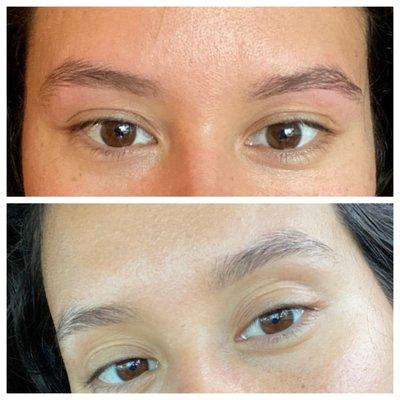 Using castor oil in the top pics, versus before in the bottom pic! Much fuller brows!