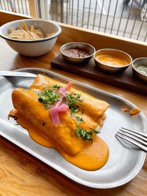 Delicious chicken enchiladas with the habanero crema sauce, and the salsa trio with chips. All fresh and delicious!