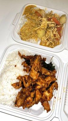 Garlic chicken and yellow chicken curry  One item + rice = $11 each