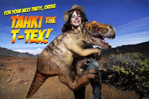 Tahki the T-Rex is our animated puppet! It's five feet long, roars, blinks and moves!