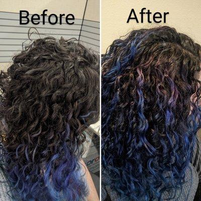 Before and after of the root touch up and recolor with purple and blue, on my curly hair.