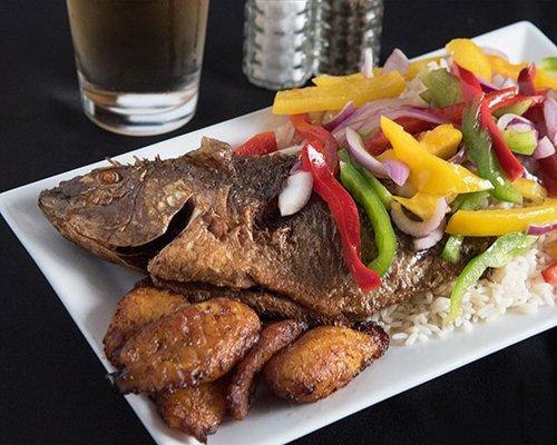 Fried fish & Rice with Plantains on side