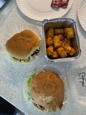 Cheeseburger on a regular bun (back), hamburger on gf bun (forward), tater tots