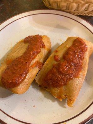 Pork Tamales with a special request of the house hot sauce