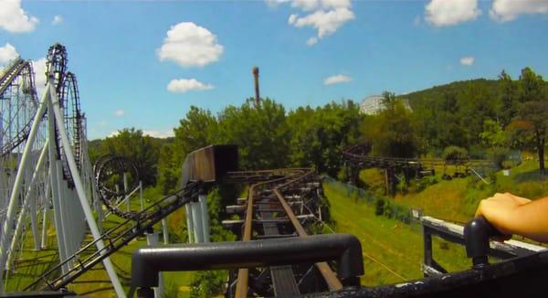 Coming off the 3rd and final lift hill.  Note the tunnel drop ahead and Ninja to the left.