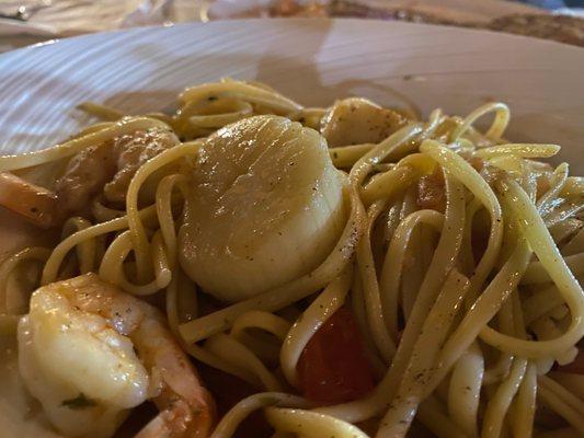 Unseared scallop and shrimp scampi