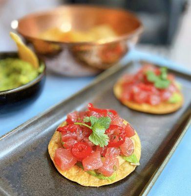 Tuna Tostada w/ finger lime, morita aioli, avocado, cilantro | 2 pc - $17