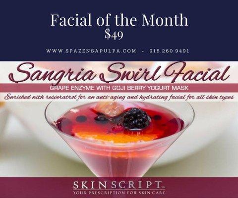 $49 facial special for the month of May is the Sangria Swirl. This luxurious 60 minute facial will leave you radiant and relaxed!