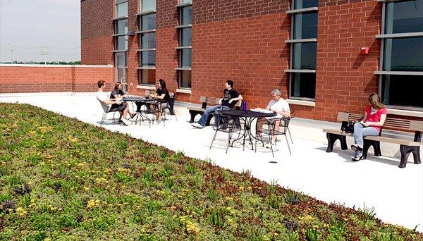 Students relaxing on the rooftop patio.