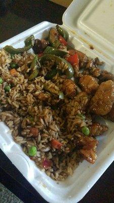 Fried rice, orange chicken and spicy jalapeño  thai