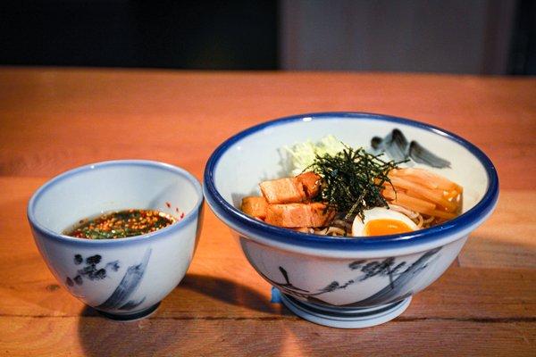 Yuzu Tsukemen Cold noodles, kakuni chashu pork, egg, bamboo, yuzu juice, endive, green onion, nori, yuzu soy tsuyu.