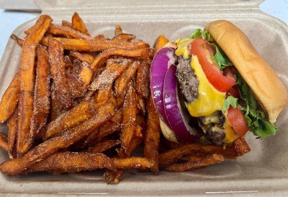 Classic burger, sweet potato fries