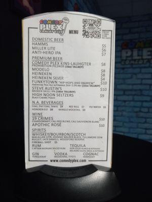 Beer, non-alcoholic beverages, wine, and spirits menu