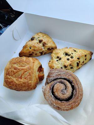 Fig Scone, Current & Orange Zest Scone, Cheese & Turkey Croissant, Morning Bun