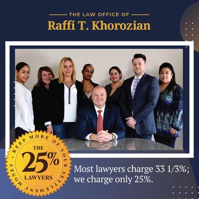 The Law Office or Raffi T. Khorozian 
the 25% Lawyers, most lawyers charge 33 1/3%