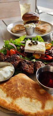 Brisket Sirloin Chuck Burger Souvlaki NY Strip Tzatziki with pita Greek Salad Green Tea