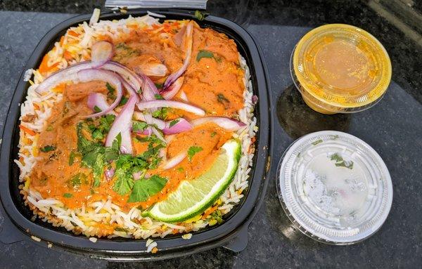 The chicken tikka biriyani is essentially rice with chicken tikka gravy.