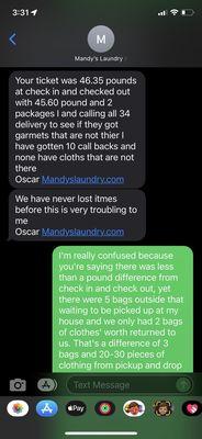 Text messages w/ Oscar from Mandy's about my lost laundry that wasn't delivered