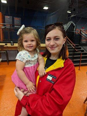 Sky zone team member Sami with my little girl.