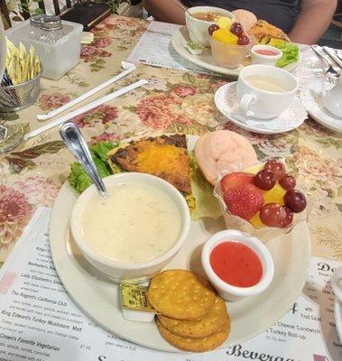 Quiche, cream of asparagus, Fruita and a strawberry pastry. Yum!