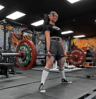 One of three Deadlift platforms, deadlift bar, rogue and ghost kg plates