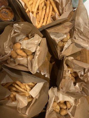 Fried corn bites, fried cauliflower, French fries, Beer Battered Cheese Curds fried macaroni and cheese