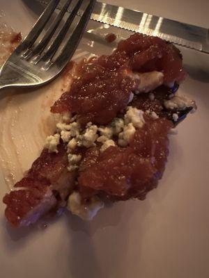 Thick bacon, bourbon BBQ, blue cheese crumbles and homemade Applesauce. A delicious app that was on special.