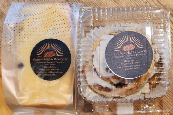 Simple Delights Bakery.. Lemon Blueberry Bread and a Cinnamon Roll