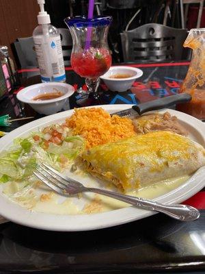 Chicken burrito and strawberry margarita