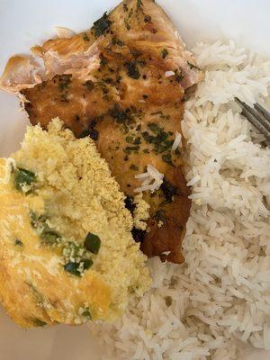 Salmon over rice, with jalapeño cheese cornbread.