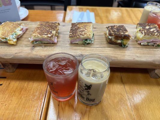 Cafe con leche, iced tea paired with sandwiches