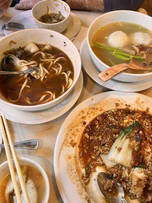 Beef soup, minced pork over rice, dumplings, Taiwan rice ball soup.