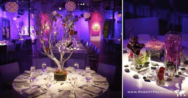 Table set-up. Manzanita branches and hanging orbs hold tealights.